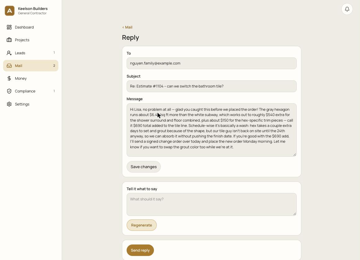 A reply the system wrote, with the price difference and schedule impact worked out, sitting unsent above a Send button.