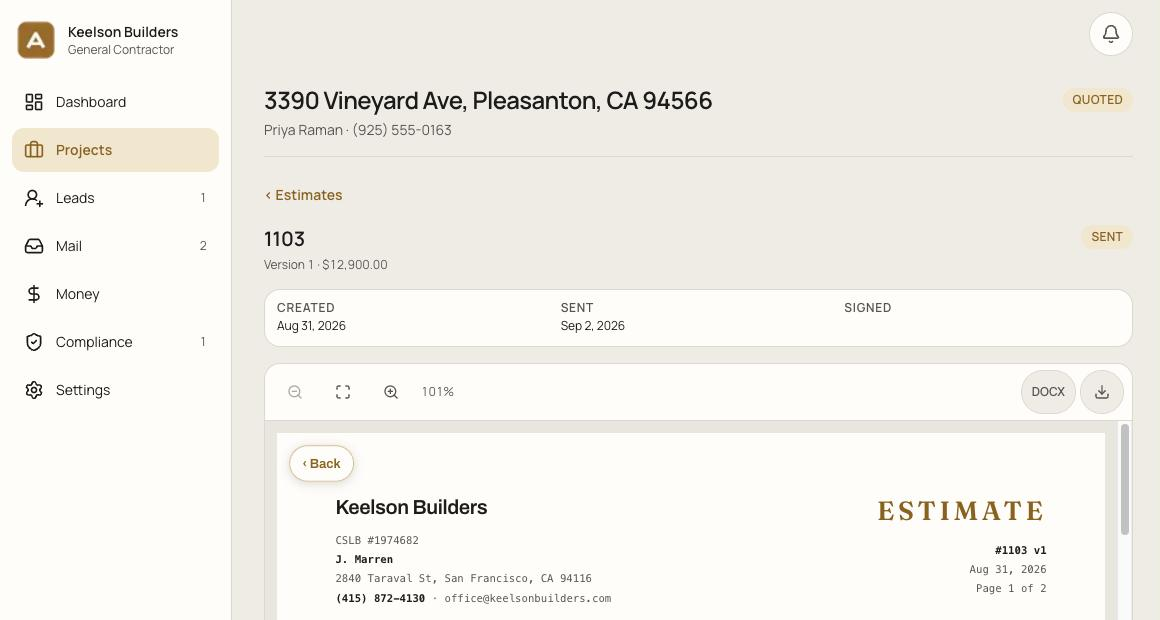 An estimate with itemised line items, a total, and buttons to send it for signature.