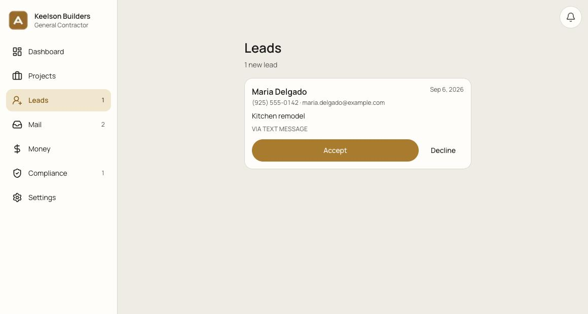 A new lead card showing the customer, the job type, and Accept and Decline buttons.