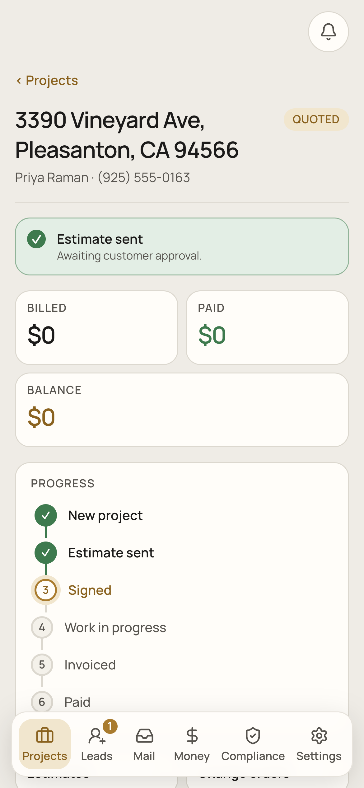 A job on a phone showing billed, paid and balance with a progress checklist.